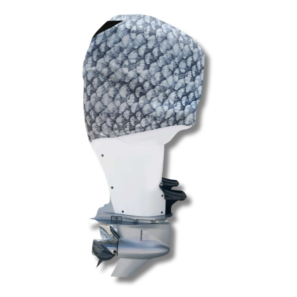 Outer Envy Grey Fish Scale vented outboard motor cover fitted on a white outboard