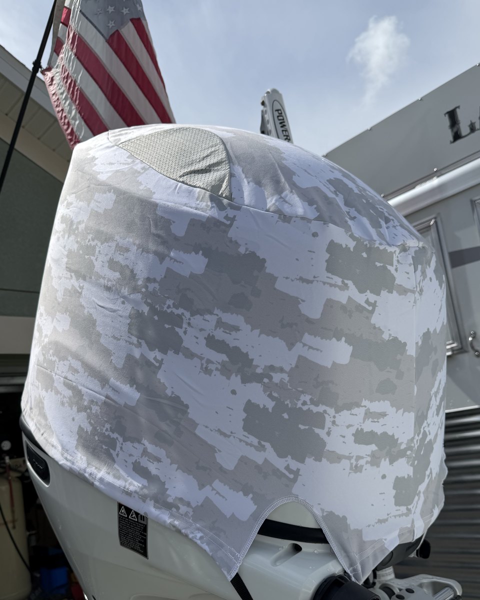 Outer Envy Grey Digital Camo vented outboard motor cover fitted on a white outboard