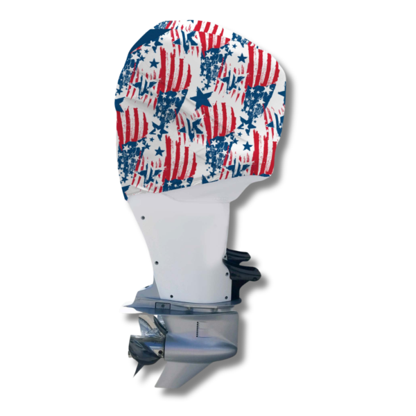 Outer Envy American Patriot vented outboard motor cover fitted on a white outboard
