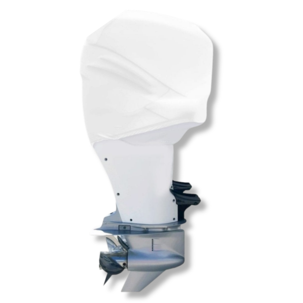 Outer Envy Solid White vented outboard motor cover fitted on a white outboard